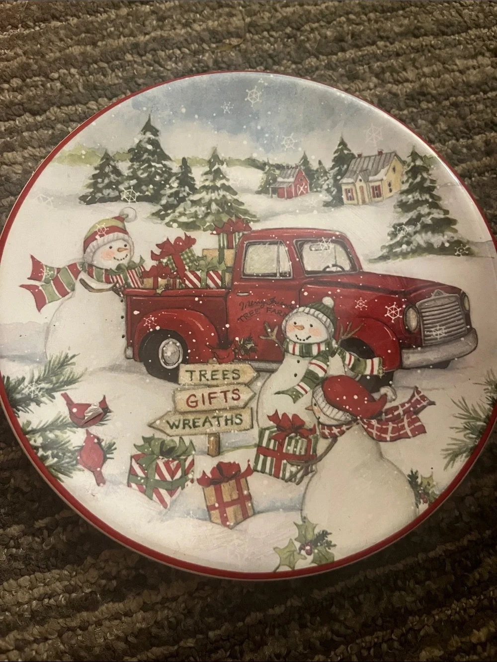 Certified International Red and Green Snowman Truck Holiday Plate